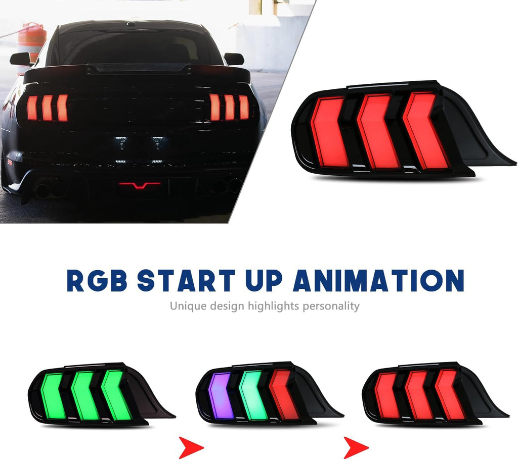 HCmotion LED Tail Lights For Ford Mustang Euro 2015-2023 (6 Lighting Modes), Start UP Animation With Sequential Turn Signal Rear Lamp Kit Assembly (Clear-RG)