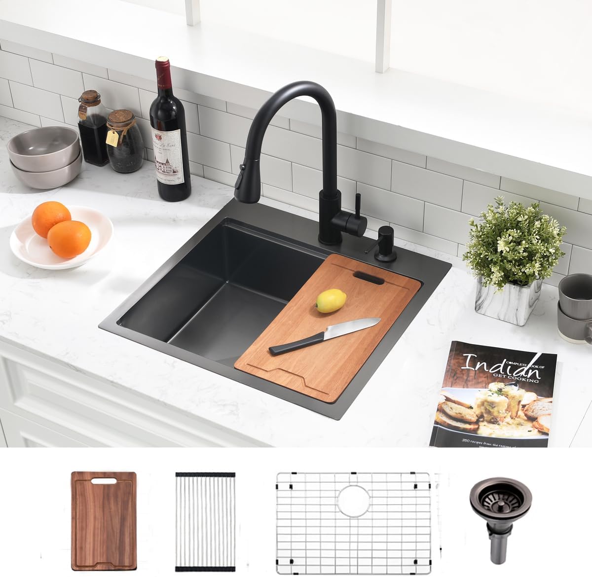 20 inch Black Drop Bar Sink - VOKIM 20'x 19' Inch Drop-in sink Workstation 16 Gauge Single Bowl Kitchen Sink With Cutting Board& colander