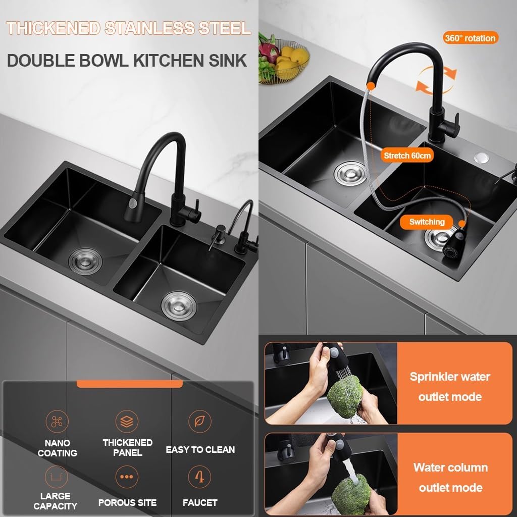 OM Black Nano Double Bowl Kitchen Sink Multifunctional Stainless Steel Bar Sink with Pull-Out Faucet Drain Basket Soap Dispenser Drainage Component (Black-72x40x21cm
