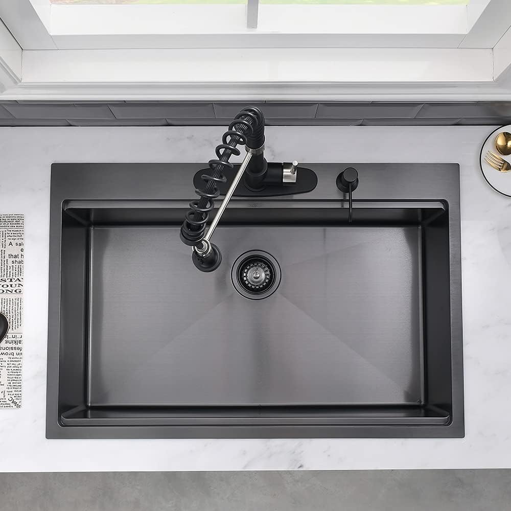 28 Inch Black Kitchen Sink Drop In Workstation-VASOYO 28x20 Inch Drop In Kitchen Sink 16 Gauge Gunmetal Black Stainless Steel Deep Single Bowl Topmount Sinks with Cutting Board