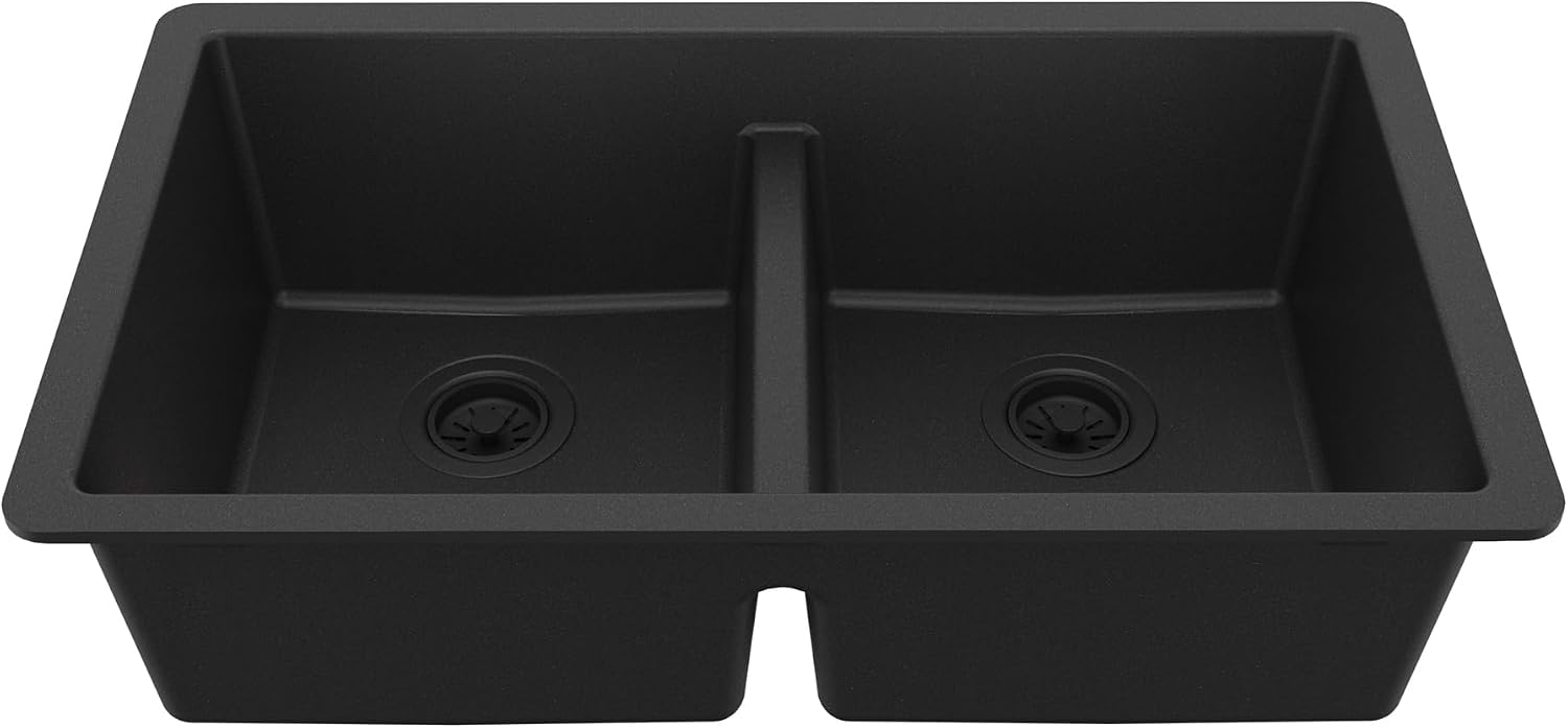 Karran 32' Black Quartz Composite Undermount Double Bowl Kitchen Sink with Low Divider – 50/50 Equal Bowl, 80% Natural Quartz, 535°F Heat Resistant, Sound Dampening, QU-810
