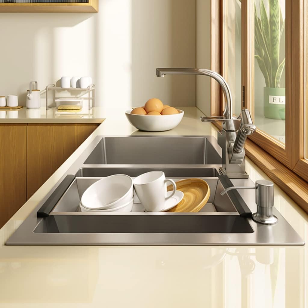 Brushed Double Bowl Kitchen Sink Prep Sink Rv Sink with Faucet & Drain Assembly Drop in or Undermount (D-78 * 43 * 21Cm