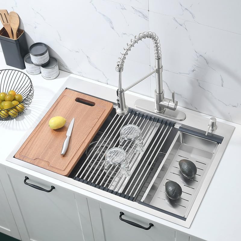 33 Inch Double Bowl Drop In Kitchen Sink Workstation-Bokaiya 33x22 Stainless Steel 60/40 Double Bowl Kitchen Sink 16 Gauge Deep Low Divide Double Sink with Cutting Board