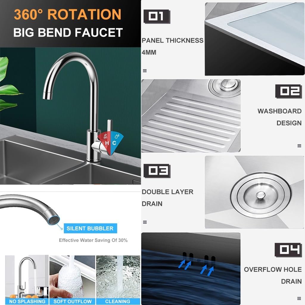 Bathroom Sinks Large 304 Stainless Steel Laundry Pool Single Bowl Kitchen Sink with Washboard Laundry Sink with Big Bend Faucet and Drainage Component (Silver-60x48x21cm