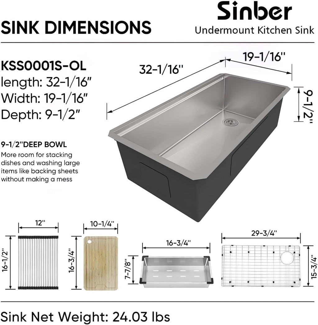 Sinber KSS0001S-OK 32' x 19' x 10' Undermount Single Bowl Workstation Kitchen Sink with 16 Gauge 304 Stainless Steel Satin Finish 6 Accessories