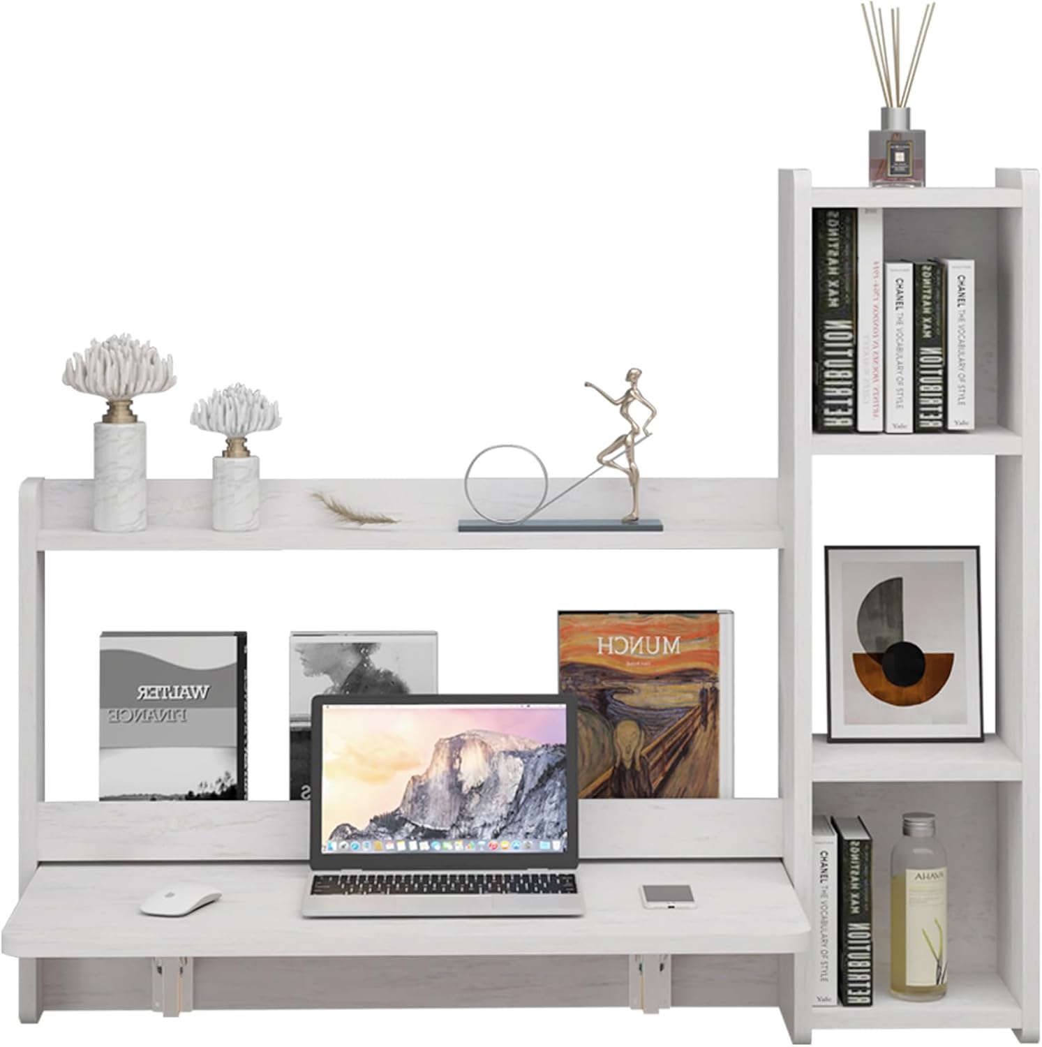 Pmnianhua Floating Desk,41'' Wall Mounted Desk,Fold Down Laptop Desk,Folding Workstation,Space Saving Table with Storage for Bedroom Study Room Small Space (Off White-Left)