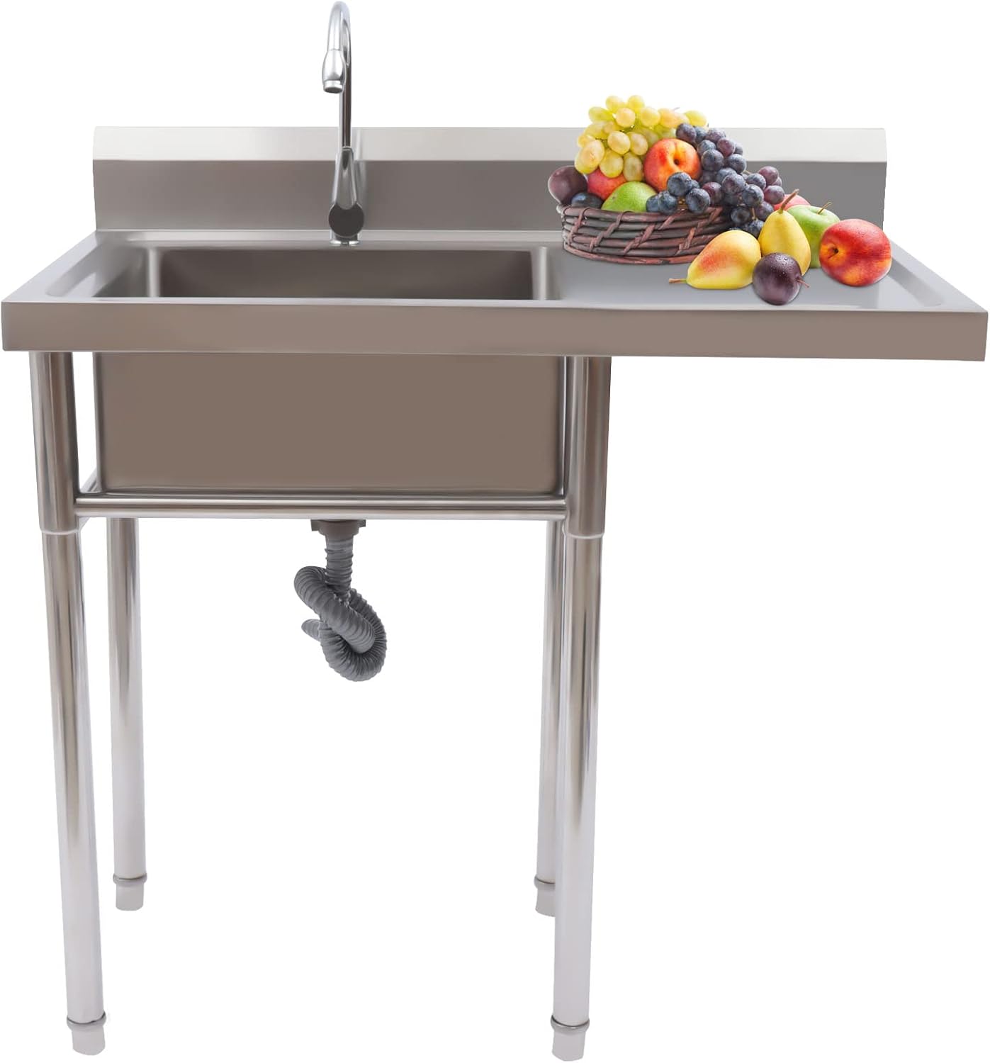 1 Compartment Commercial Sink, Stainless Steel Sink With Faucet&Drain Strainer Indoor Free Standing Sink for Kitchen, Garage, and Restaurant Washing Hand Table
