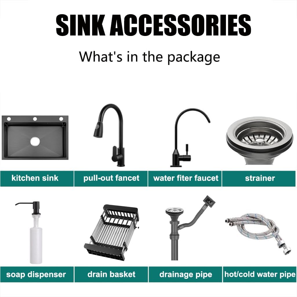 Black Kitchen Sink with Faucet, Deep Stainless Steel Single Bowl, Sink Drop In/Topmount Farmhouse Workstation Apartment Sink with Multiple Accessories (19.7x17.7 inch)