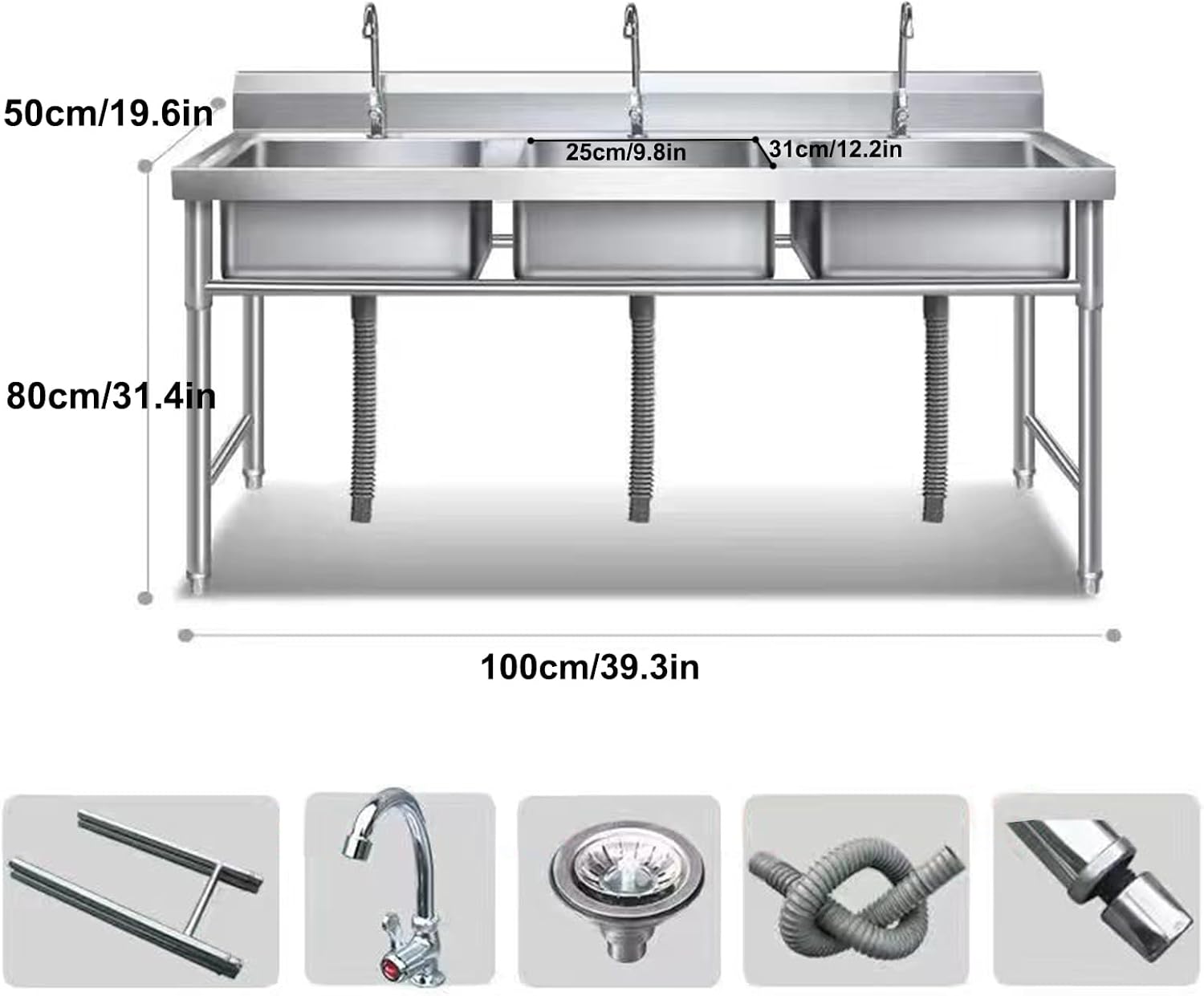 Stainless Steel Triple Bowl Kitchen Sink, Commercial Kitchen Prep & Utility Sink Free Standing Utility Sink,100X50cm/39.3X19.6in