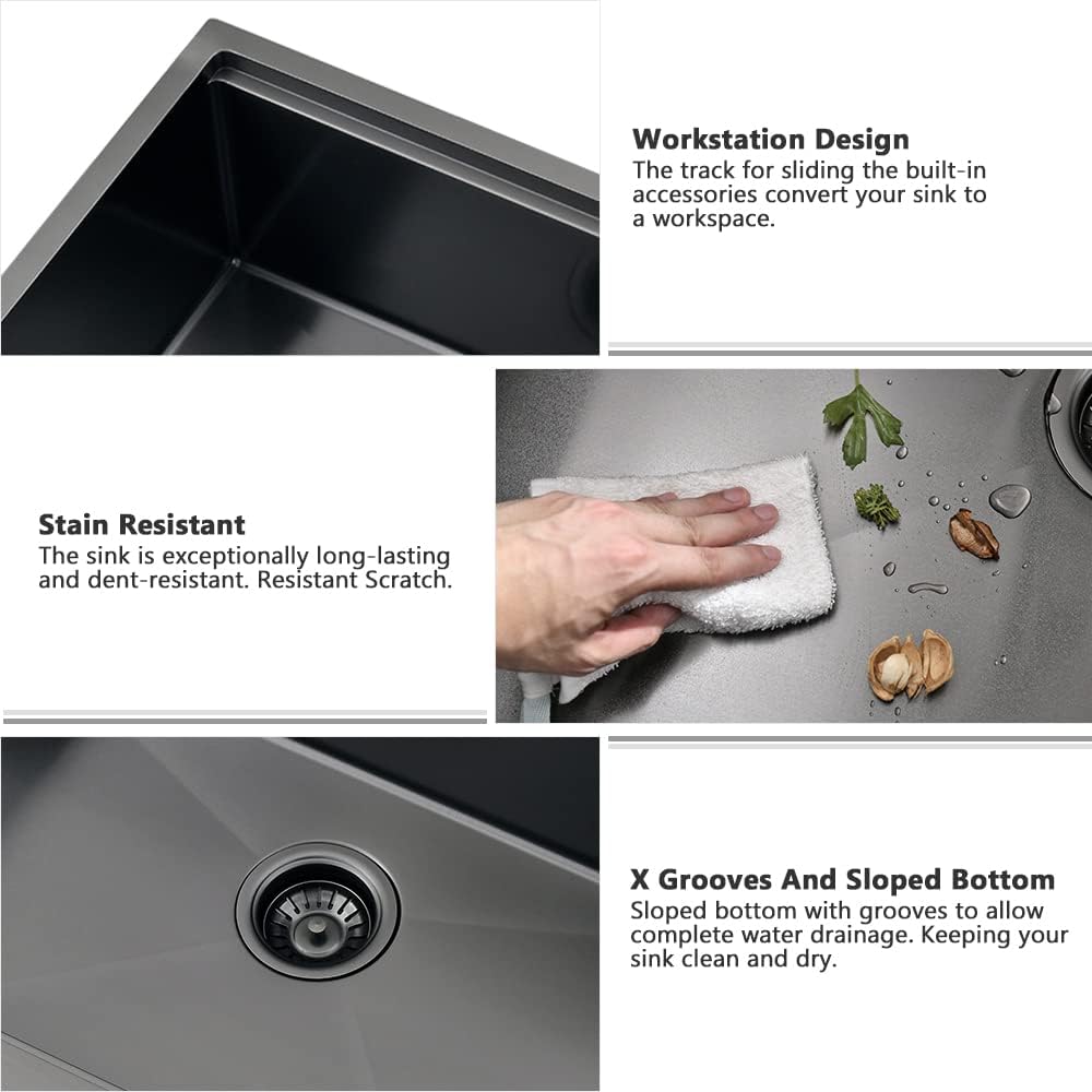 24 Inch Black Farmhouse Sink Workstation-VASOYO 24x22 Apron Front Farmhouse Kitchen Sinks Black Stainless Steel 16 Gauge Deep Single Bowl Farm Sink Undermount with Cutting Board