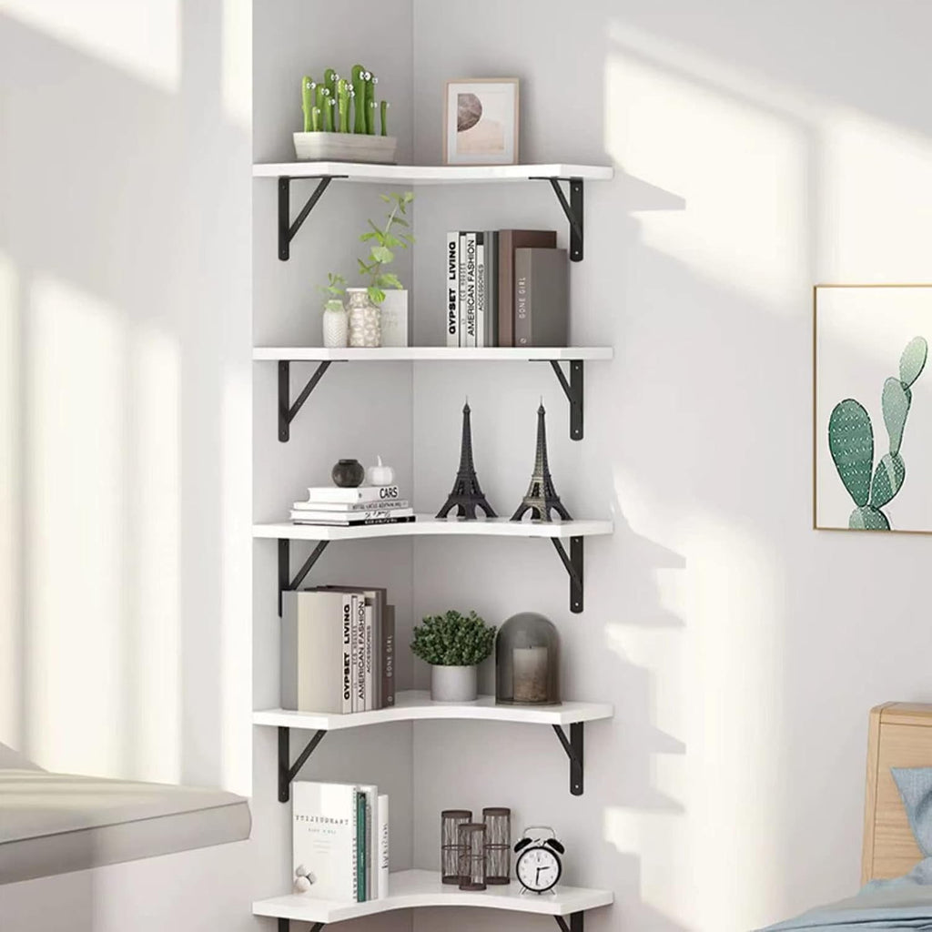 Floating Corner Shelf Wall Mounted Wood Bookshelf for Bedroom Living Room Office Bathroom White Wood 1 Tier Shelf Space Saving Storage Solution