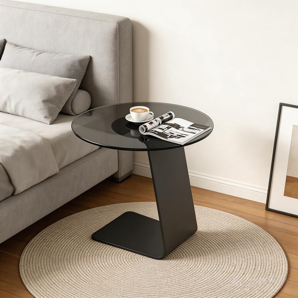 25.5-Inch High C-Shaped End Table with Tempered Glass Top & Black Metal Frame, Modern Space-Saving Sofa Side Table for Living Room, Bedroom, Small Spaces (A)
