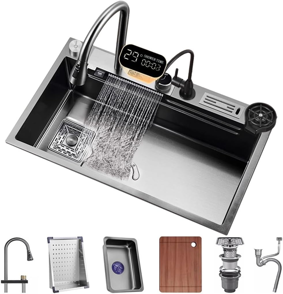 Waterfall Kitchen Sink Stainless Steel Single-Bowl Kitchen Sink with Multi-functional Digital Display Fly Rain Pull-Out Faucet Glass Rinser (Color : Black, Size : 80x46x22cm) (Black 75x46x22cm)