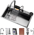 Waterfall Kitchen Sink Stainless Steel Single-Bowl Kitchen Sink with Multifunctional Digital Display Fly Rain Pull-Out Faucet Glass Rinser (Black-75x46x22cm