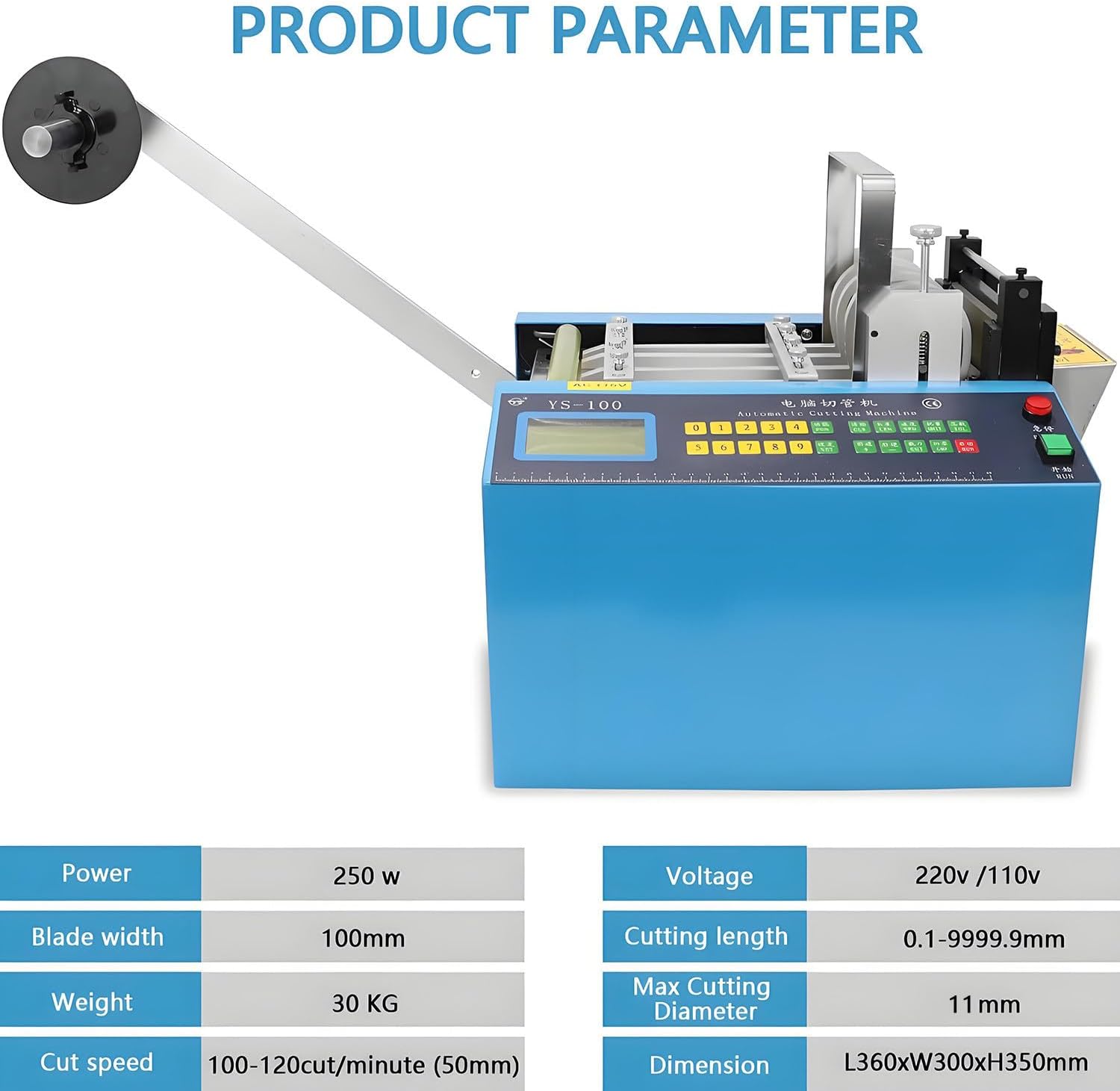 Fully Automatic Heat-Shrink Tube Cutting Machine 250W Electric Tube Cable Pipe Cutter with Micro Computer Control, Cutting Width 100 mm for Sleeve Rubber/Plastic Tube