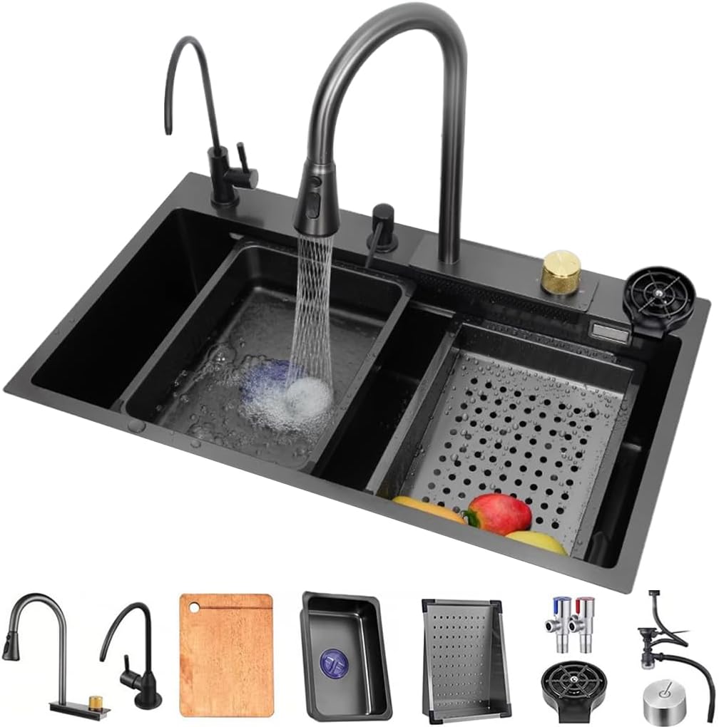 304 Stainless Steel Bar Sink Set Single Bowl Kitchen Sink Household Multi Function RV Sink with Faucet and Drain Assembly Drop in Or Under Mount (Color : Black, Size : 68x45x22cm)