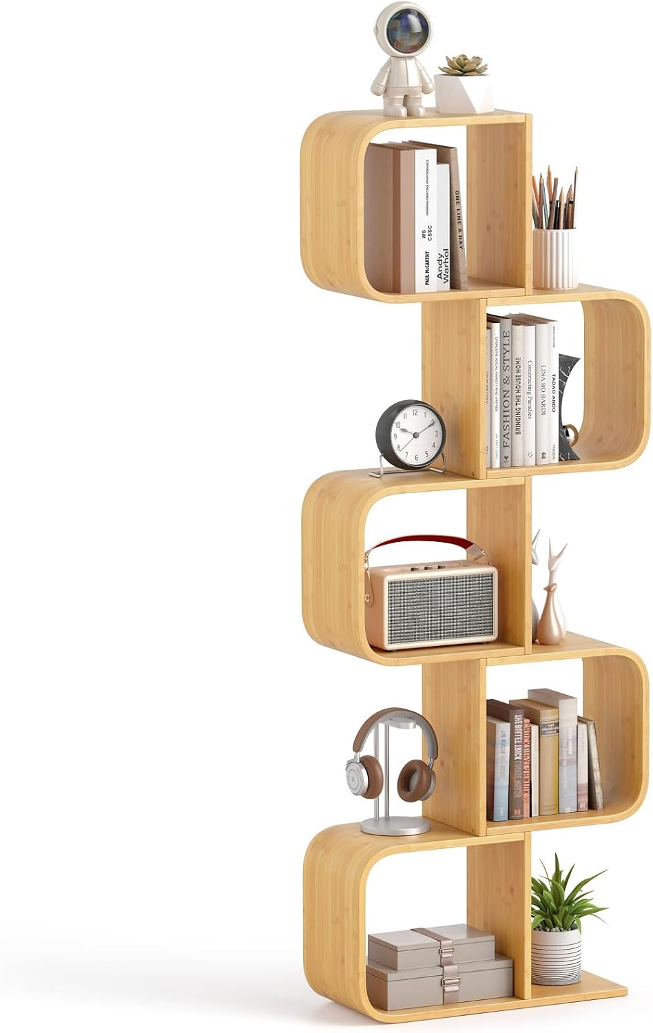 Giantex 5-Tier S-Shaped Bookcase, Bamboo Bookshelf with Open Cubes, Geometric Corner Display Shelf, Decorative Storage Organizer, Floor Storage Rack for Living Room, Home Office, Natural