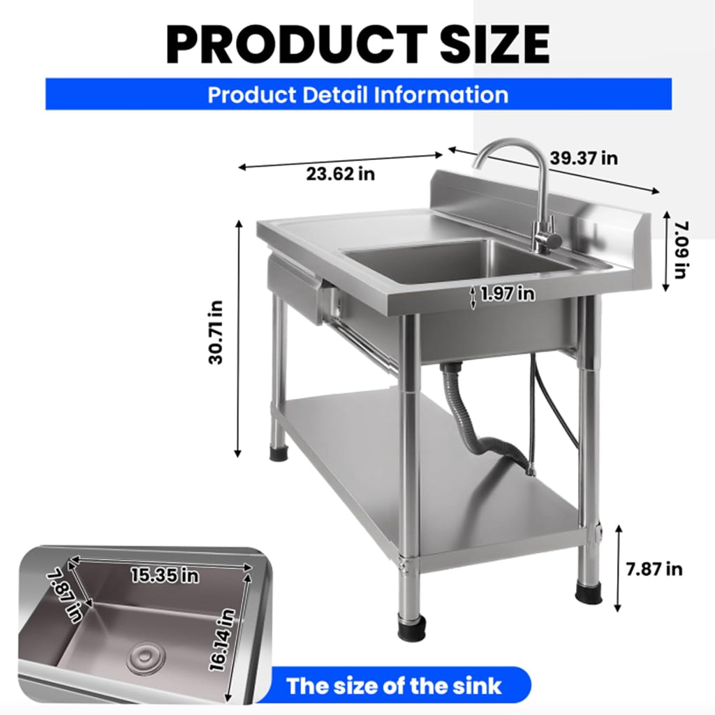 Stainless Steel Utility Sink, NFS-Commercial Sink, 39' Free Standing Single Bowl Sink with Drawer & Hot/Cold Water Pipe, Workbench for Laundry & Outdoor