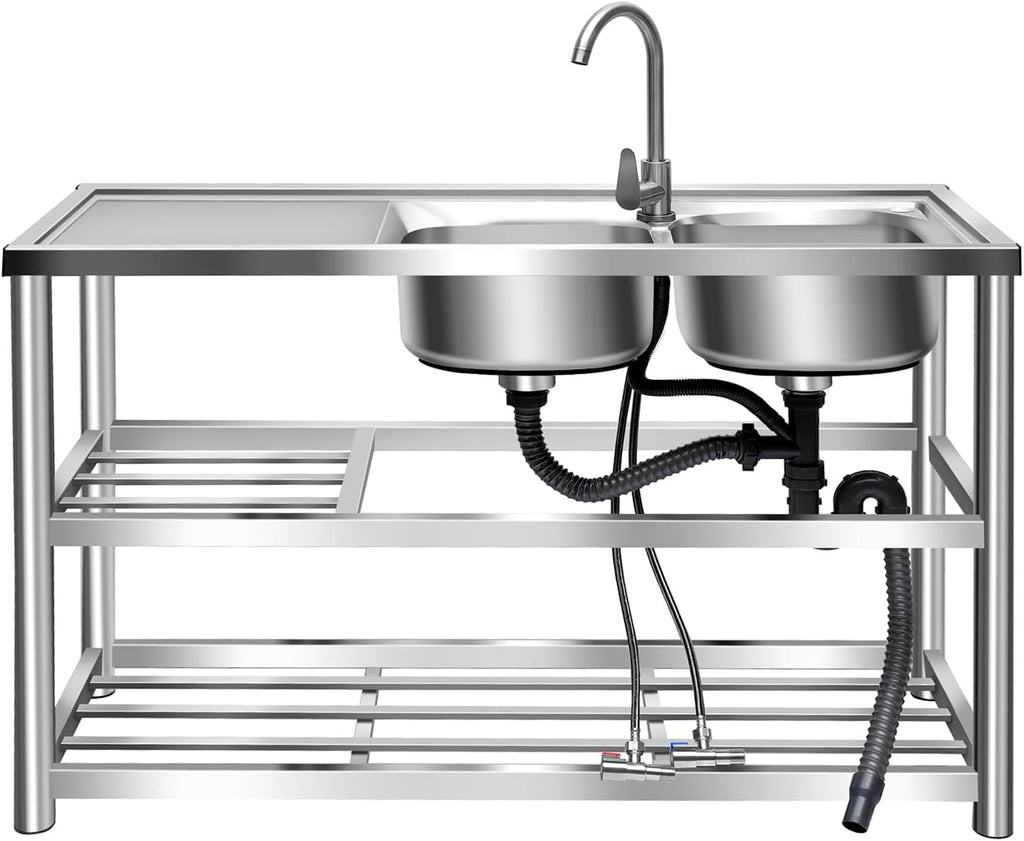 Utility Sink, 3 Layers 2 Compartment Stainless Steel Commercial Kitchen Outdoor Sink with Drainboard & Hot and Cold Faucet Free Standing Kitchen Sinks Set for Restaurant, 47' x 17.5' x 31.5'