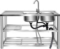 Utility Sink, 3 Layers 2 Compartment Stainless Steel Commercial Kitchen Outdoor Sink with Drainboard & Hot and Cold Faucet Free Standing Kitchen Sinks Set for Restaurant, 47' x 17.5' x 31.5'