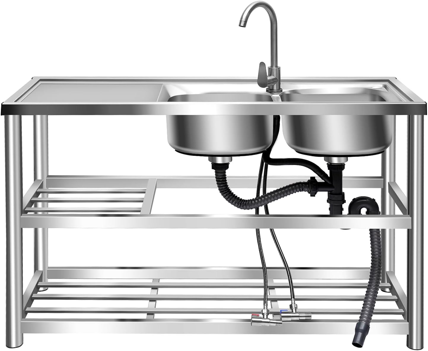 Utility Sink, 3 Layers 2 Compartment Stainless Steel Commercial Kitchen Outdoor Sink with Drainboard & Hot and Cold Faucet Free Standing Kitchen Sinks Set for Restaurant, 47' x 17.5' x 31.5'