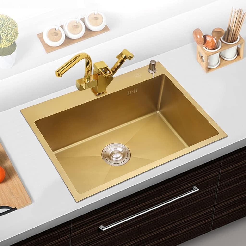 Kitchen Sink. Stainless Steel Metal Dishwashing Pool Brushed Gold Single Bowl with Multi-Functional Pull-Out Faucet & Drain Drop-in Or Undermount (Gold 60×45×21cm)