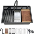 33 Black Drop In Waterfall Kitchen Sink Workstation-VASOYO 33x22 Black Stainless Steel Waterfall Kitchen Sink with Facuet and Cup Washer 16 Gauge Multifunctional Deep Single Bowl Topmount Smart Sinks