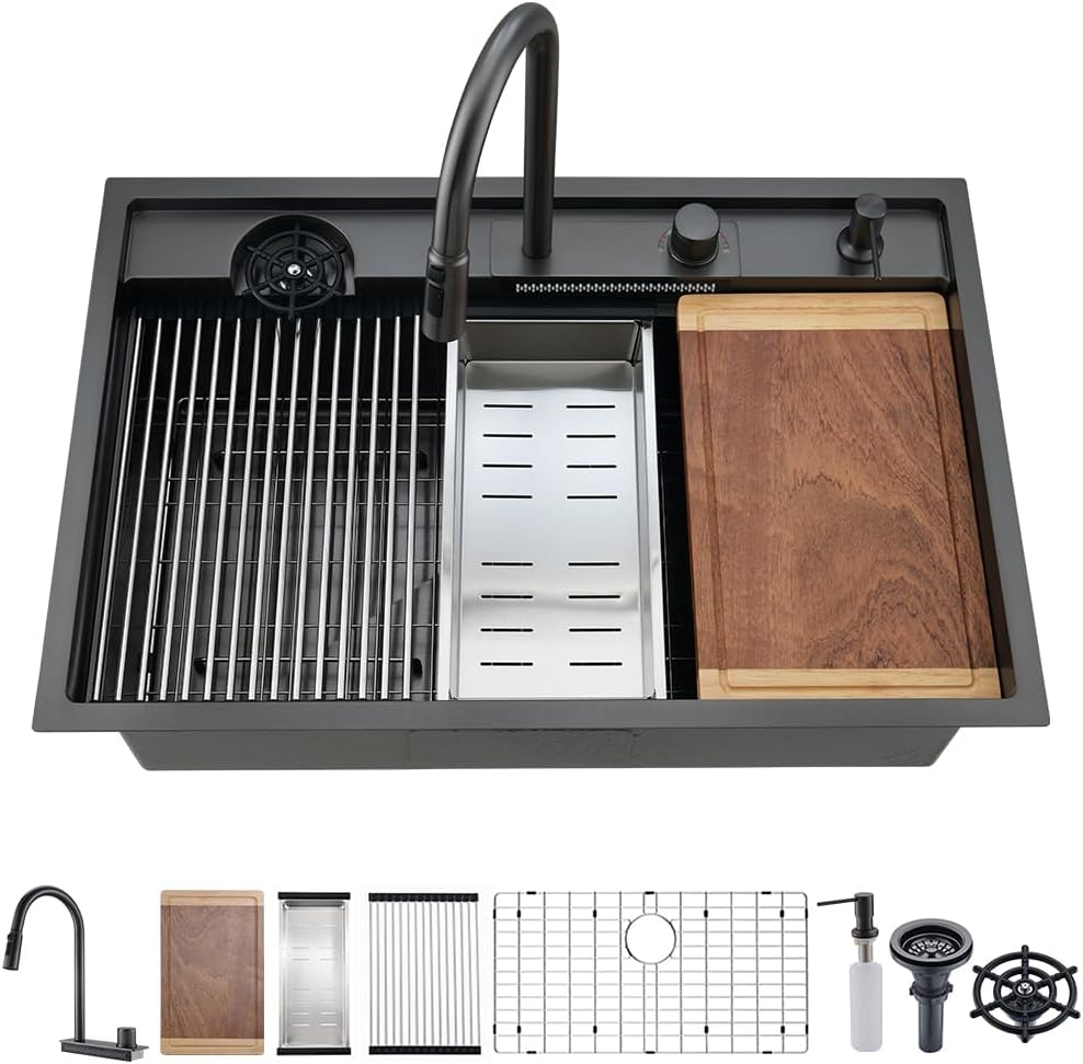 33 Black Drop In Waterfall Kitchen Sink Workstation-VASOYO 33x22 Black Stainless Steel Waterfall Kitchen Sink with Facuet and Cup Washer 16 Gauge Multifunctional Deep Single Bowl Topmount Smart Sinks