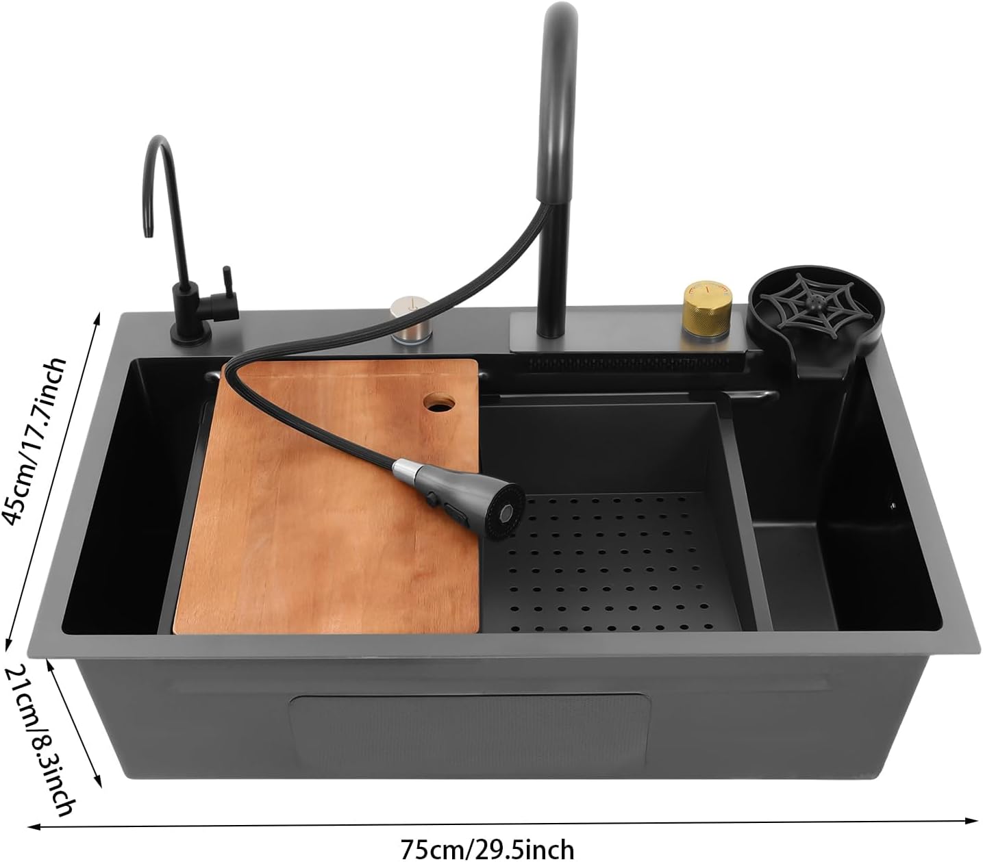 Kitchen Sink Drop in, Multi-Function Waterfall, Raindance Professional Countertop Single Bowl Kitchen Sink Stainless Steel Washbasin with High Pressure Pull-Out Faucet 68 * 45cm