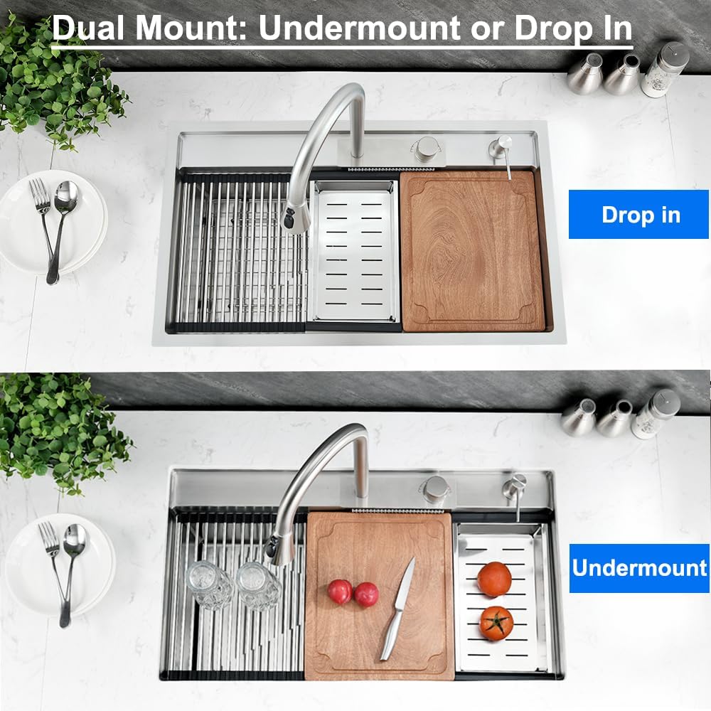 33 Inch Undermount Waterfall Kitchen Sink, 33x19 Undermount Kitchen Sink Stainless Steel Kitchen Sink with Faucet 16 Gauge Single Bowl Multifunctional Kitchen Sink