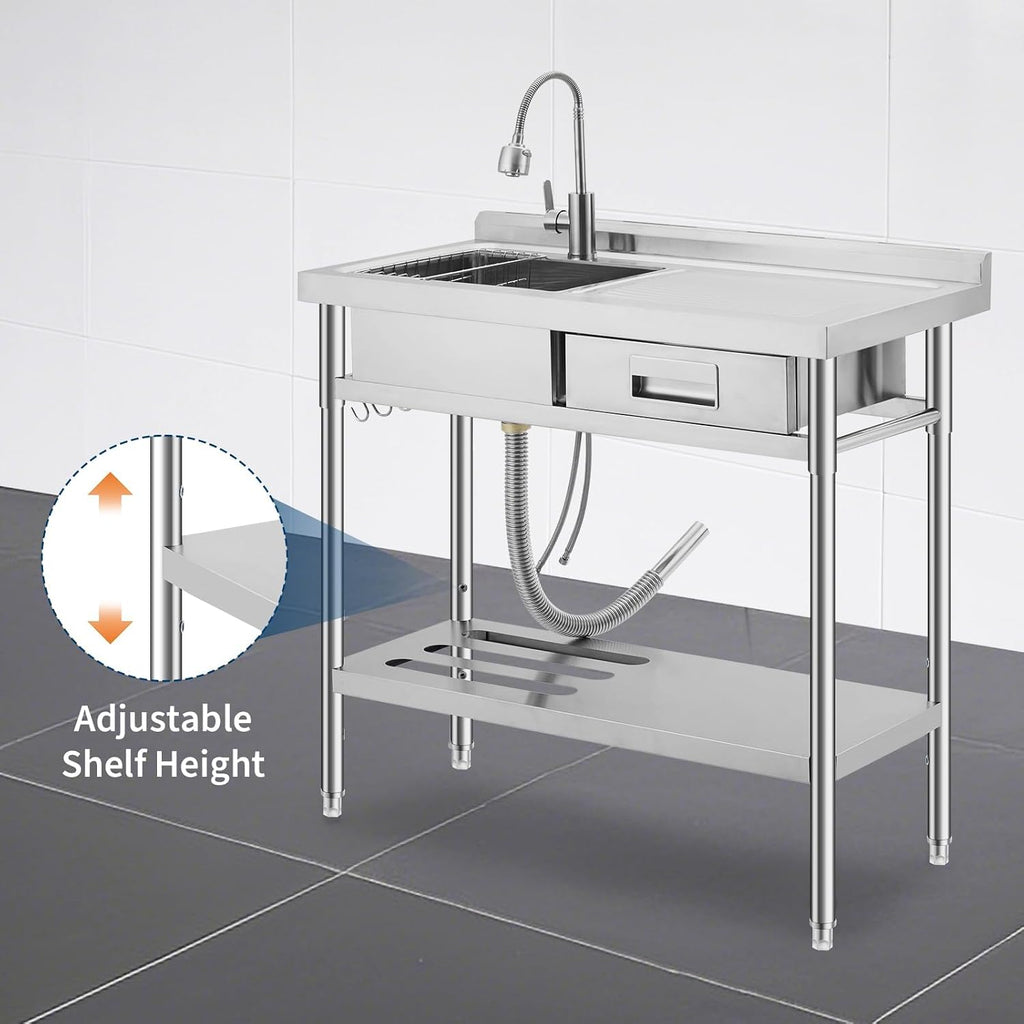 Garvee Freestanding Commercial Utility Sink with Faucet, Right Workbench, Drawer & Storage Shelf, Adjustable Stainless Steel Prep Sink for Kitchen, Garage, Restaurant & Outdoor Cleaning Station