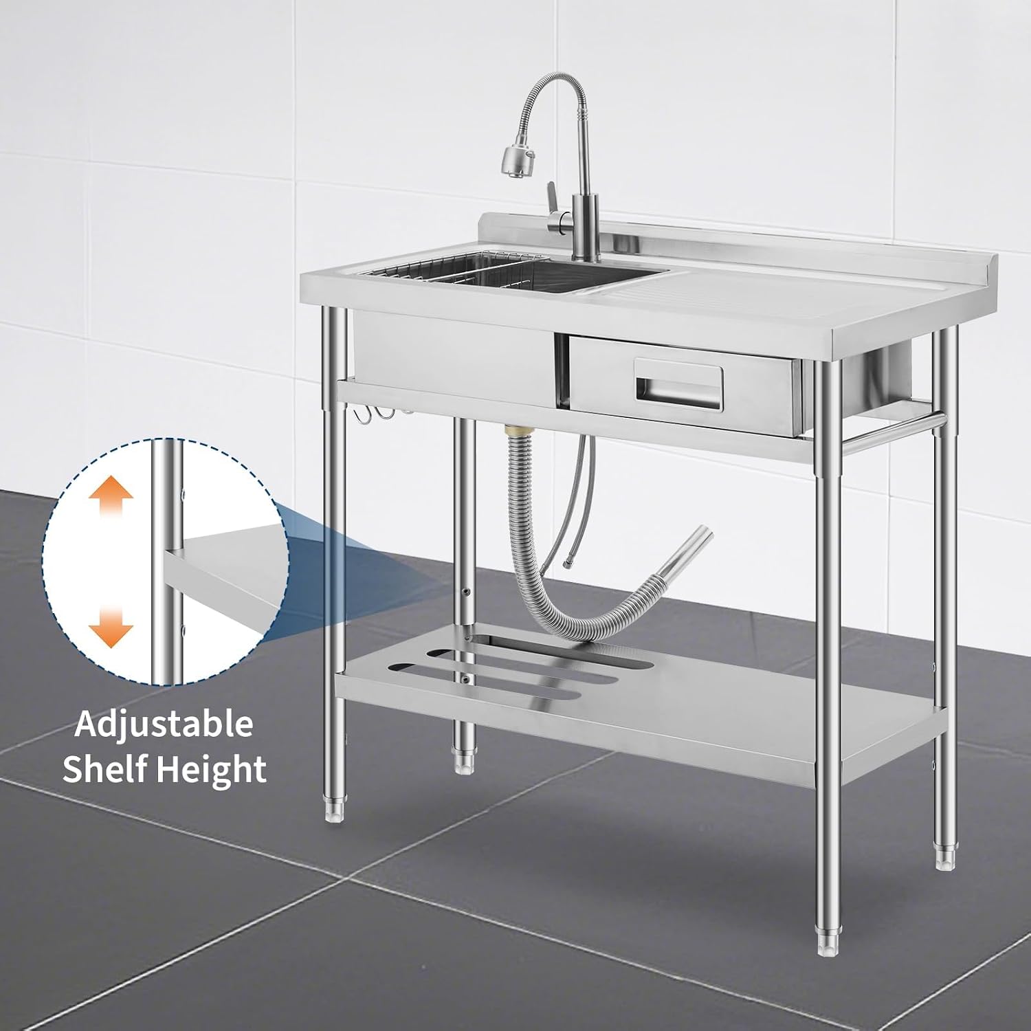 Garvee Freestanding Commercial Utility Sink with Faucet, Right Workbench, Drawer & Storage Shelf, Adjustable Stainless Steel Prep Sink for Kitchen, Garage, Restaurant & Outdoor Cleaning Station