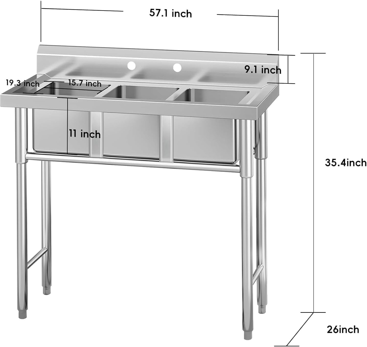Commercial Stainless Steel 3-Compartment Utility basin - Freestanding Prep basin with Adjustable Legs & Storage Shelf, Triple Bowl for Restaurant, Laundry or Garage
