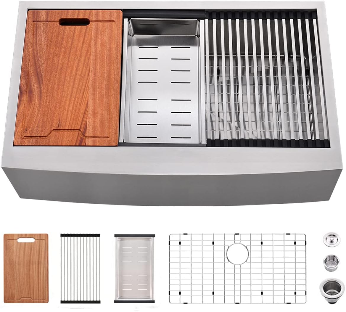 33Inch Farmhouse Kitchen Sink -VOKIM 33'x22' Apron Front Kitchen Sink Workstation Single Bowl 16 Gauge Stainless Steel Kitchen Farm Kitchen Sinks with Accessories