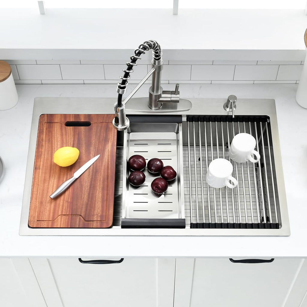 33 Inch Drop In Kitchen Sink Workstation - 33 x 22 Inch Drop In Sinks 16 Gage Stainless Steel Topmount Sinks Single Bowl 10'' Deep Handmade Above the Counter sink with Cutting Board& Strainer