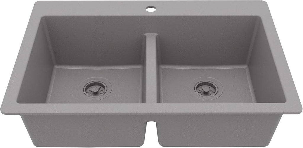 Karran 33' Grey Quartz Composite Double Bowl Kitchen Sink – Top Mount Drop-In 50/50 Low Divider, 80% Natural Quartz, 535°F Heat Resistant, Sound Dampening, Granite Composite, QT-810