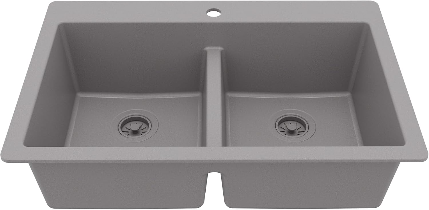 Karran 33' Grey Quartz Composite Double Bowl Kitchen Sink – Top Mount Drop-In 50/50 Low Divider, 80% Natural Quartz, 535°F Heat Resistant, Sound Dampening, Granite Composite, QT-810