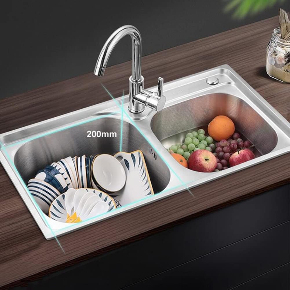 Double Bowl 304 Stainless Steel Kitchen Sink, Handmade Bar Prep Sink with Strainer, Top-Mount/Drop-in Workstation Sink (Color : Silver-A, Size : 75x40cm) (SilverC 81x43cm)