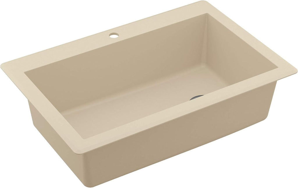 Karran QT-670 Drop-In/Top Mount 33' Single Bowl Granite Quartz Composite Kitchen Sink in Bisque, Right Side Drain, Extra Deep 9' Basin, Heat & Scratch Resistant, Sound Dampening