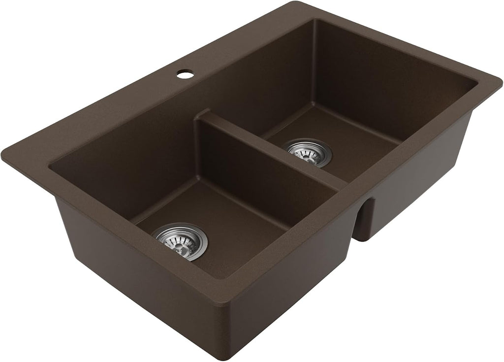 Karran QT-810 33' Top Mount Double Equal Bowl Quartz Kitchen Sink Kit in Brown