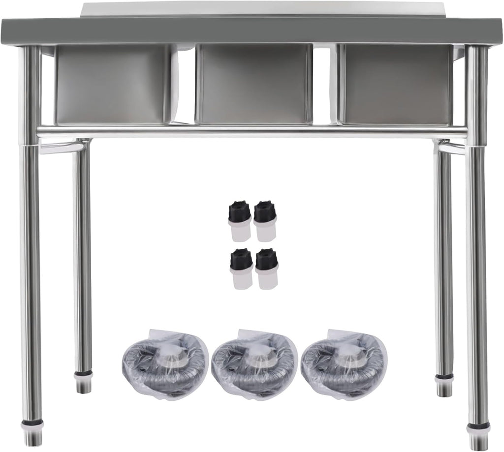3 Compartment Commercial Stainless Steel Utility Sink Free Standing Sink Kitchen Sink with 3 Drains, 39x17.7x37.4' (3 Bowl)