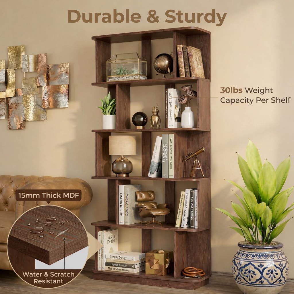 5-Tier Tall Bookshelf, Narrow Wood Bookcase, Dark Brown | 64.56' freestanding open display shelf for books, décor, and storage in living rooms, bedrooms, or home offices