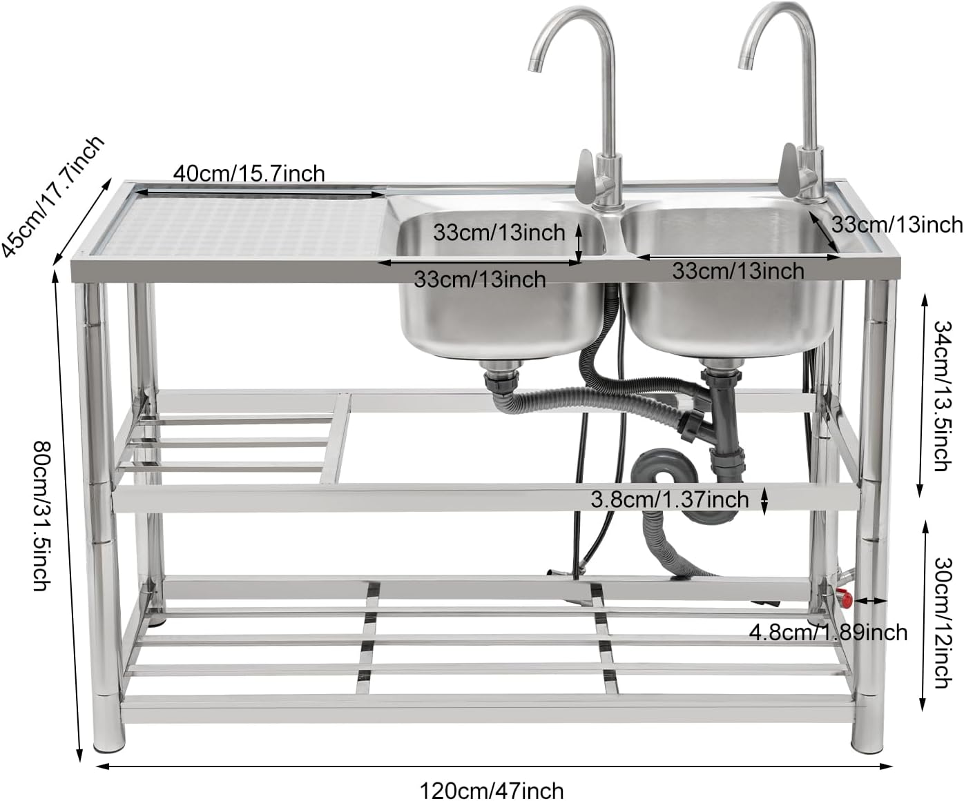 Free Standing Commercial Kitchen Sink Stainless Steel, Double Bowl Utility Sink with 2 360° Rotatable Faucet and Water Pipes Restaurant Outdoor Utility Sink Right Dual-Bowl (47x17.7x31.5in-B)