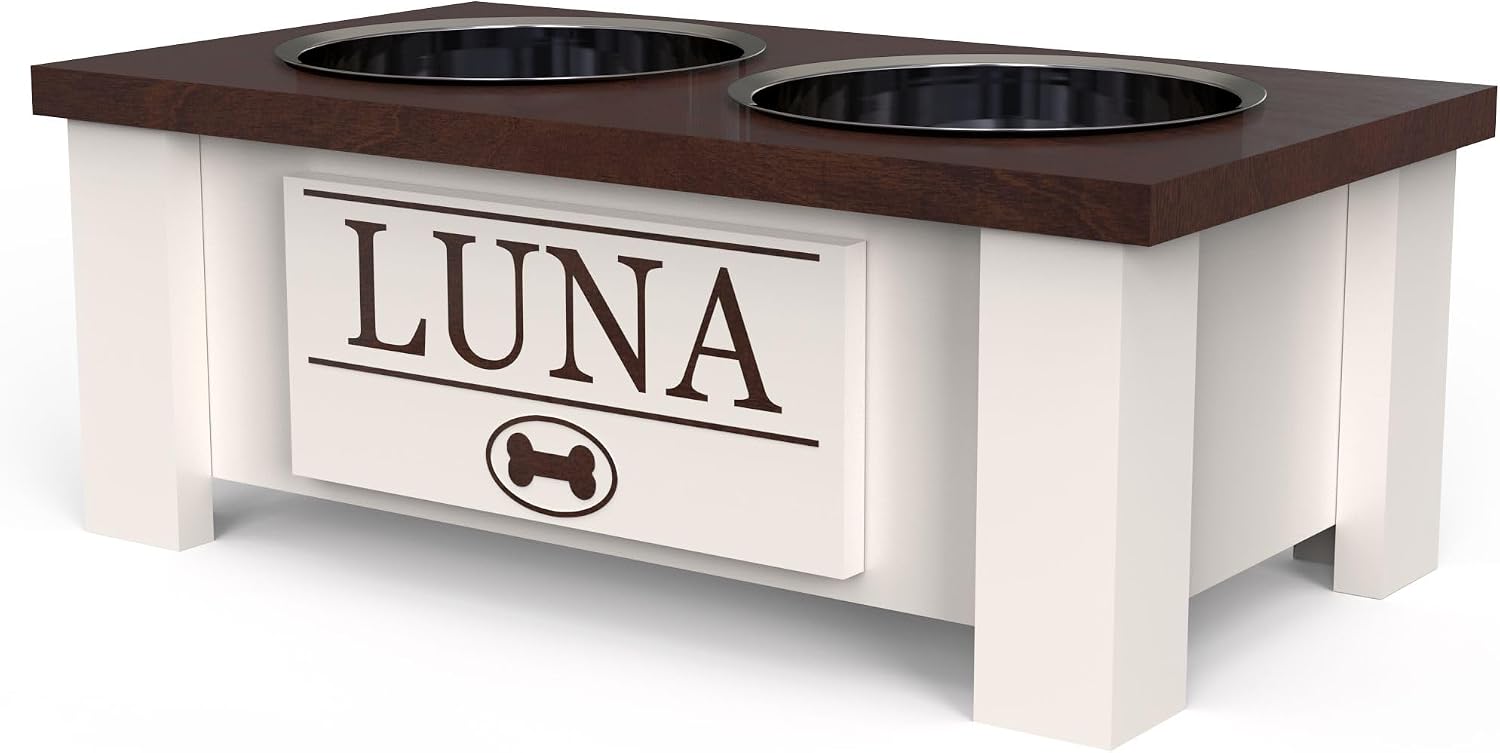 GTW Elevated Dog Bowl Stand for Small Dogs - Customized Feeding Station with Storage & Stainless Steel Food Bowls (Small, Dark Walnut)