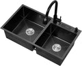 304 Stainless Steel Kitchen Sink Black Double Bowl Bar Preparation Sink RV Sink with Pull-Out Faucet and Drainage Assembly Top Mount Or Undermount (Color : Black, Size : 80x45x21cm) (Black 72x40x