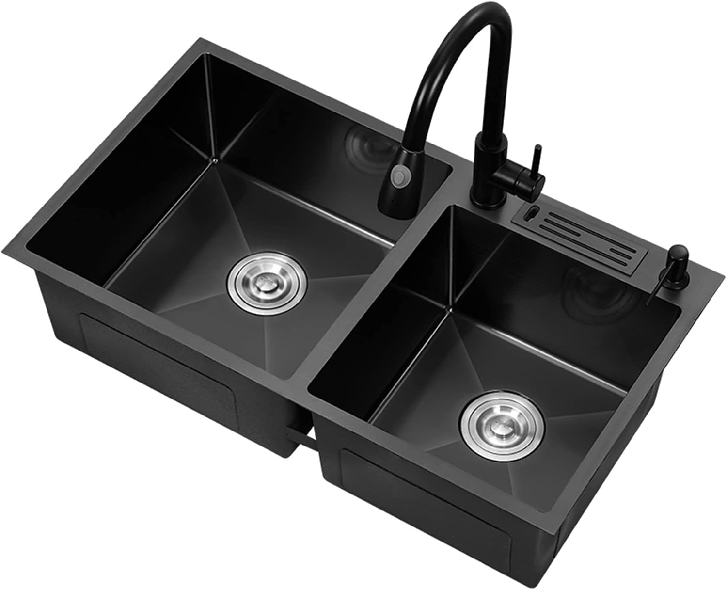 304 Stainless Steel Kitchen Sink Black Double Bowl Bar Preparation Sink RV Sink with Pull-Out Faucet and Drainage Assembly Top Mount Or Undermount (Color : Black, Size : 80x45x21cm) (Black 72x40x