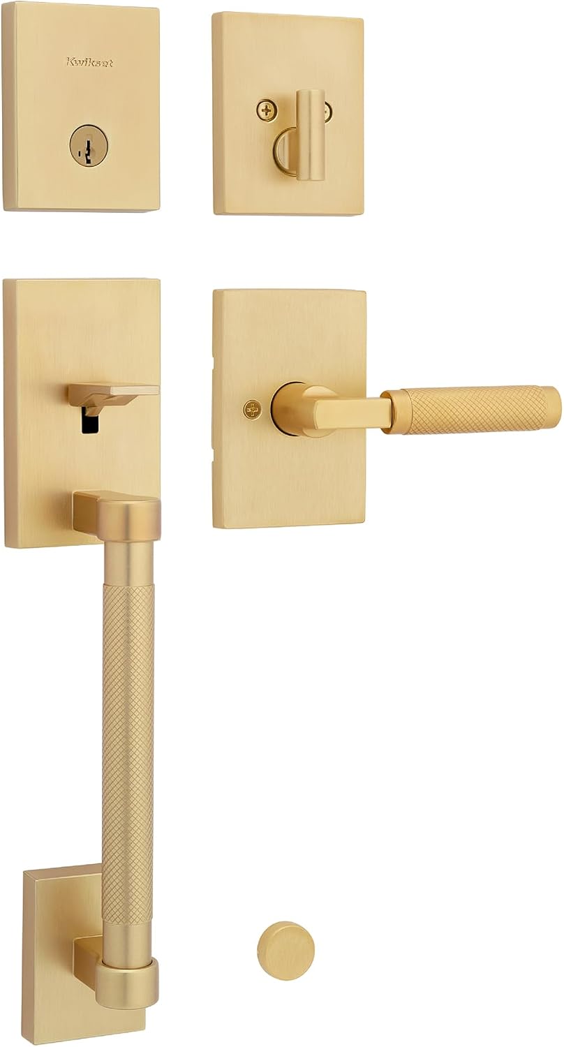 Kwikset Prava Front Door Lock Handle and Deadbolt Set, Entry Door Handleset Exterior with Interior Reversible Lever, Satin Brass, Pick Resistant SmartKey Rekey Deadbolt Security