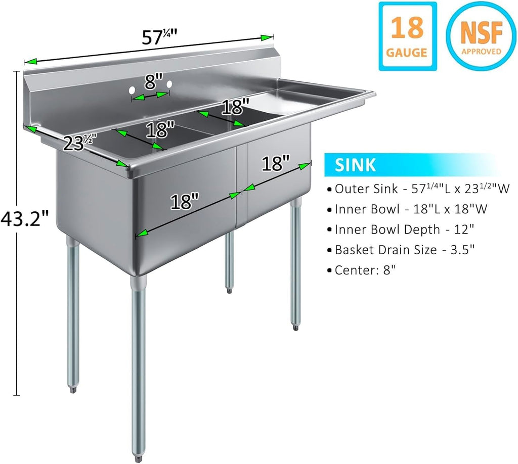 Stainless Steel Prep & Utility Sink | 304 Stainless Steel | Restaurant, Kitchen, Laundry, Garage | NSF (23 in. x 57 in. | Two Bowls | Right Drainboard)