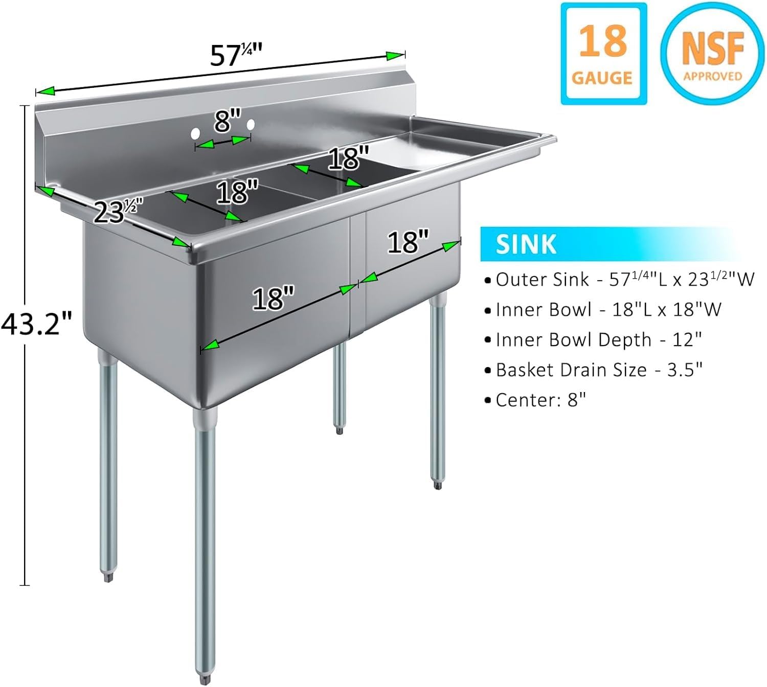 Stainless Steel Prep & Utility Sink | 304 Stainless Steel | Restaurant, Kitchen, Laundry, Garage | NSF (23 in. x 57 in. | Two Bowls | Right Drainboard)