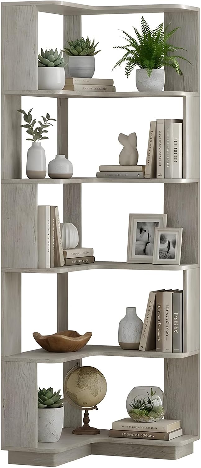 5 Tier Corner Bookshelf, Freestanding L-Shaped Wooden Bookcase with Open Shelves, Anti-Fall Panels and Anti-Tipping Device for Living Room, Bedroom, Home Office (Light Gray)